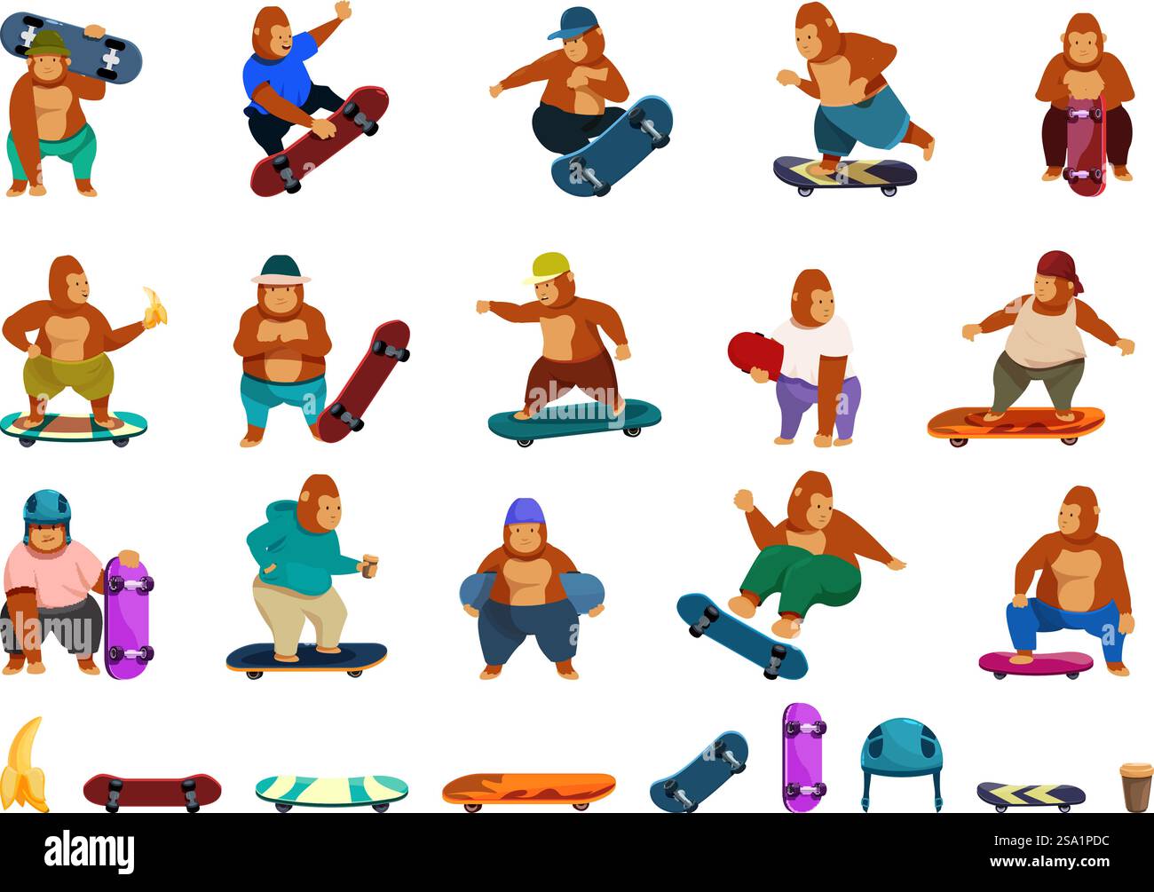 Les icônes de skateboard Gorilla définissent le vecteur de dessin animé. Faites du sport d'été. Jeu de chimpanzés. Les icônes de skateboard Gorilla définissent le vecteur de dessin animé. Faites du sport d'été Illustration de Vecteur