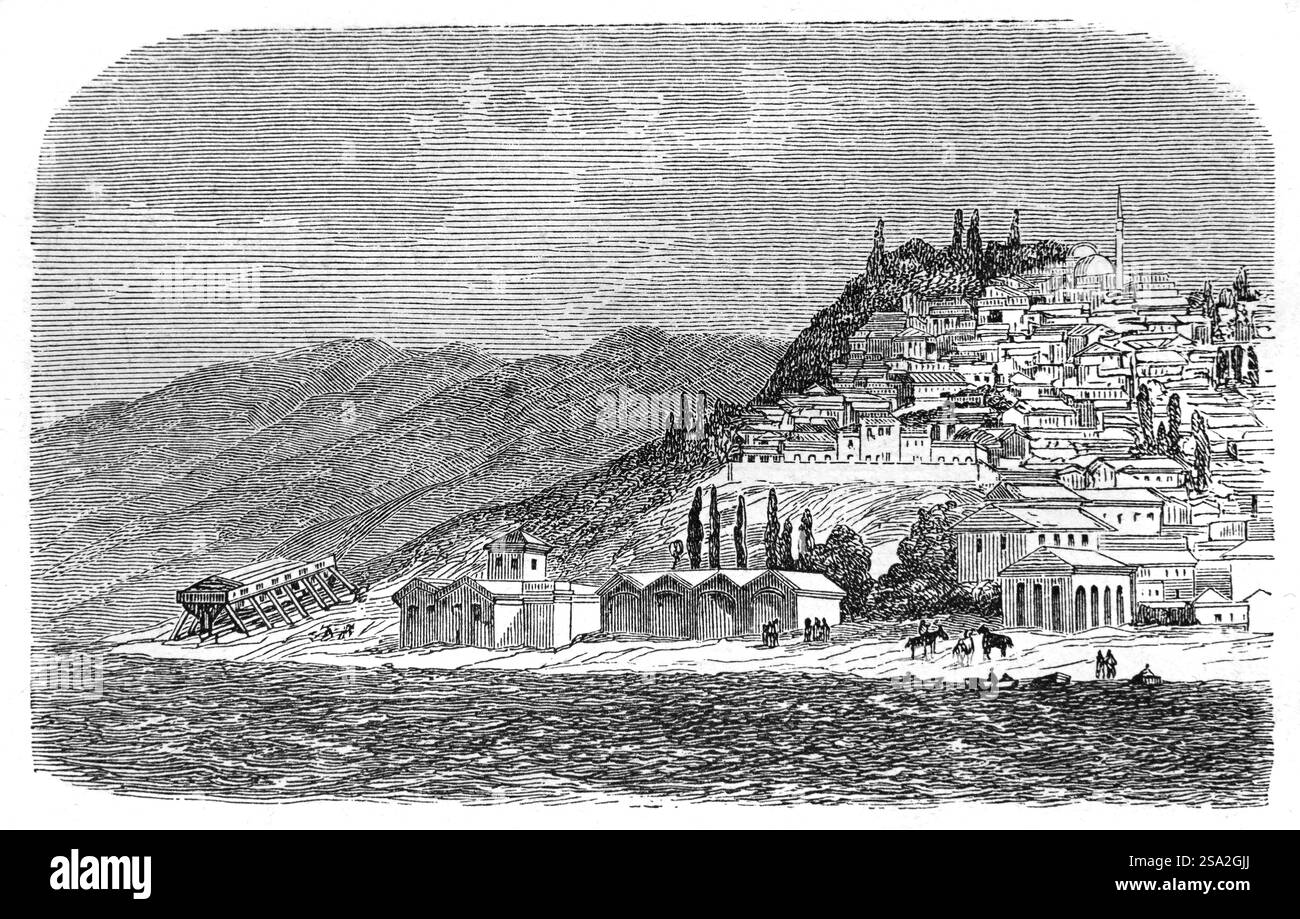 Milieu du XIXe siècle vue de la vieille ville ou quartier historique d'Izmit, anciennement Nicomedia, sur le golfe d'Izmit et la mer de Marmara, Anatolie, Turquie. Gravure vintage ou historique ou illustration 1864 Banque D'Images