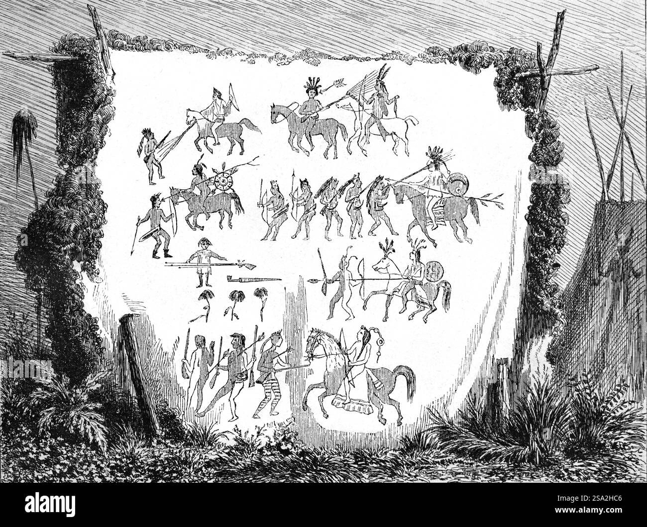 Plaines Masquer peinture, Sioux, hiéroglyphes amérindiens ou amérindiens, peintures stylisées ou Art sur Buffalo Masquer montrant les Sioux et les guerriers US, USA ou États-Unis d'Amérique. Gravure vintage ou historique ou illustration 1864 Banque D'Images