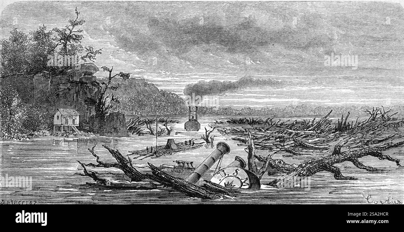 Bateau à aubes ou bateaux à vapeur comprenant un bateau naufragé et Flotsom Logs & Tree Trunks sur le fleuve Missouri, États-Unis ou États-Unis d'Amérique. Gravure vintage ou historique ou illustration 1864 Banque D'Images