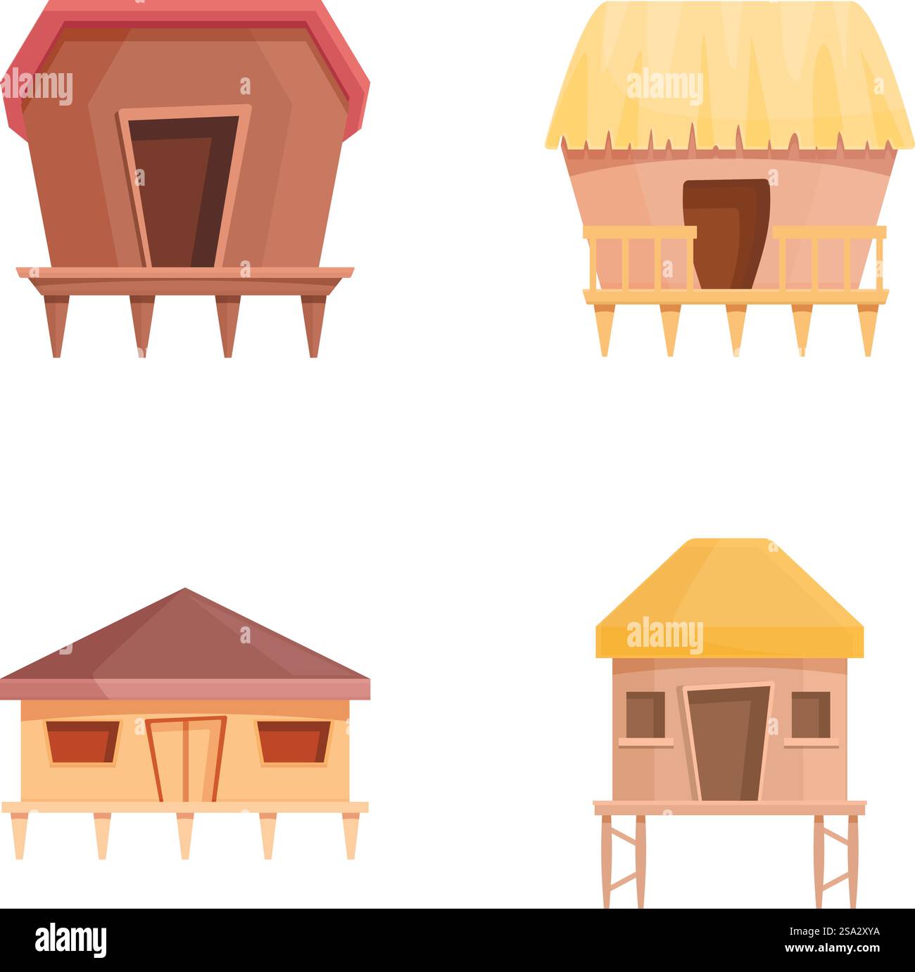 Les icônes de maison de plage définissent le vecteur de dessin animé. Bungalow en bois ou maison de villégiature de l'île. Objet de villégiature tropical. Les icônes de maison de plage définissent le vecteur de dessin animé. Bungalow en bois ou maison de villégiature de l'île Illustration de Vecteur