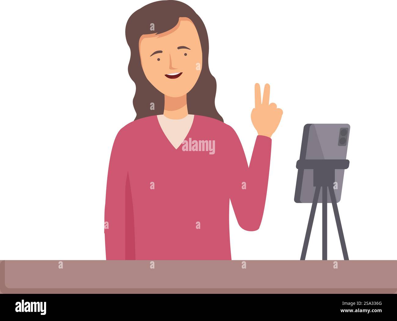 Femme joyeuse enregistrant un tutoriel vidéo et faisant un geste de signe de paix à son public en ligne. Femme donnant tutoriel en ligne avec signe de paix Illustration de Vecteur