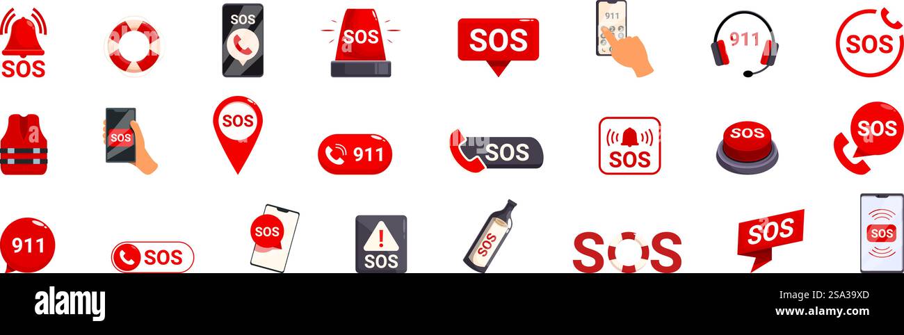 Vecteur de signe SOS. Collection d'icônes pour le bouton SOS, y compris un téléphone cellulaire, une bouteille, un bouton SOS rouge et un signe SOS rouge. Vecteur de signe SOS. Une collection d'icônes pour le bouton SOS, y compris un téléphone cellulaire, une bouteille Illustration de Vecteur