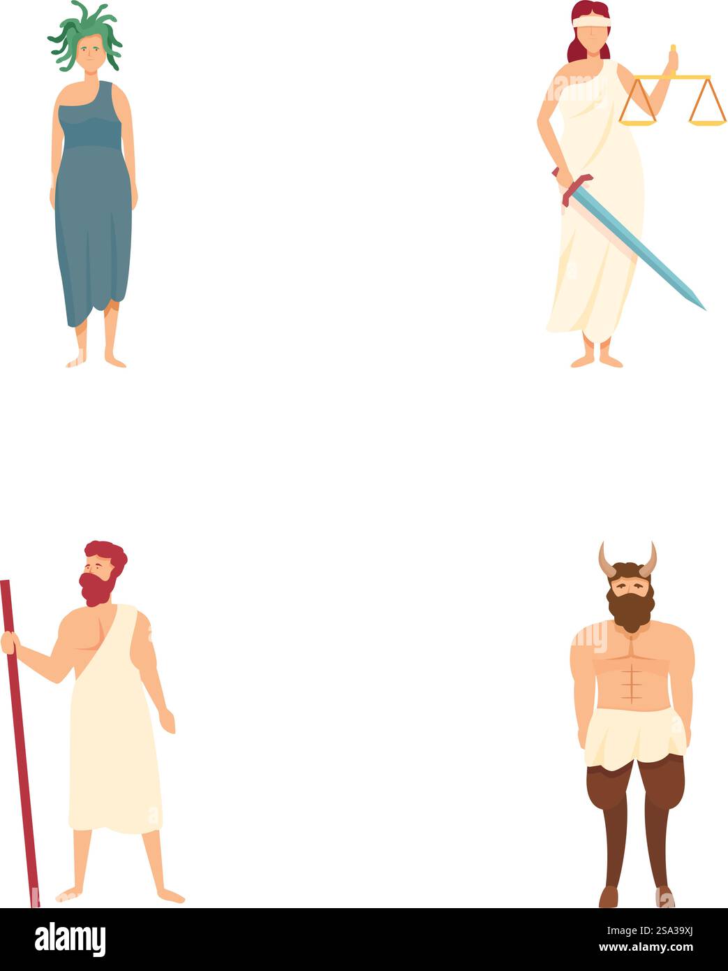 Quatre illustrations vectorielles représentant des figures mythologiques grecques isolées sur un fond blanc. Collection d'illustrations de personnages de mythologie grecque Illustration de Vecteur
