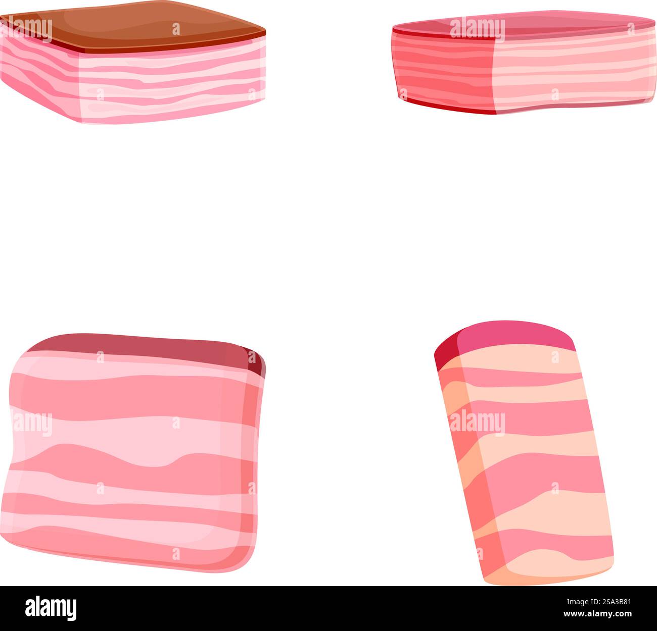Collection de quatre tranches de bacon dans différentes coupes et perspectives, en format vectoriel. Ensemble vectoriel de tranches de bacon assorties Illustration de Vecteur
