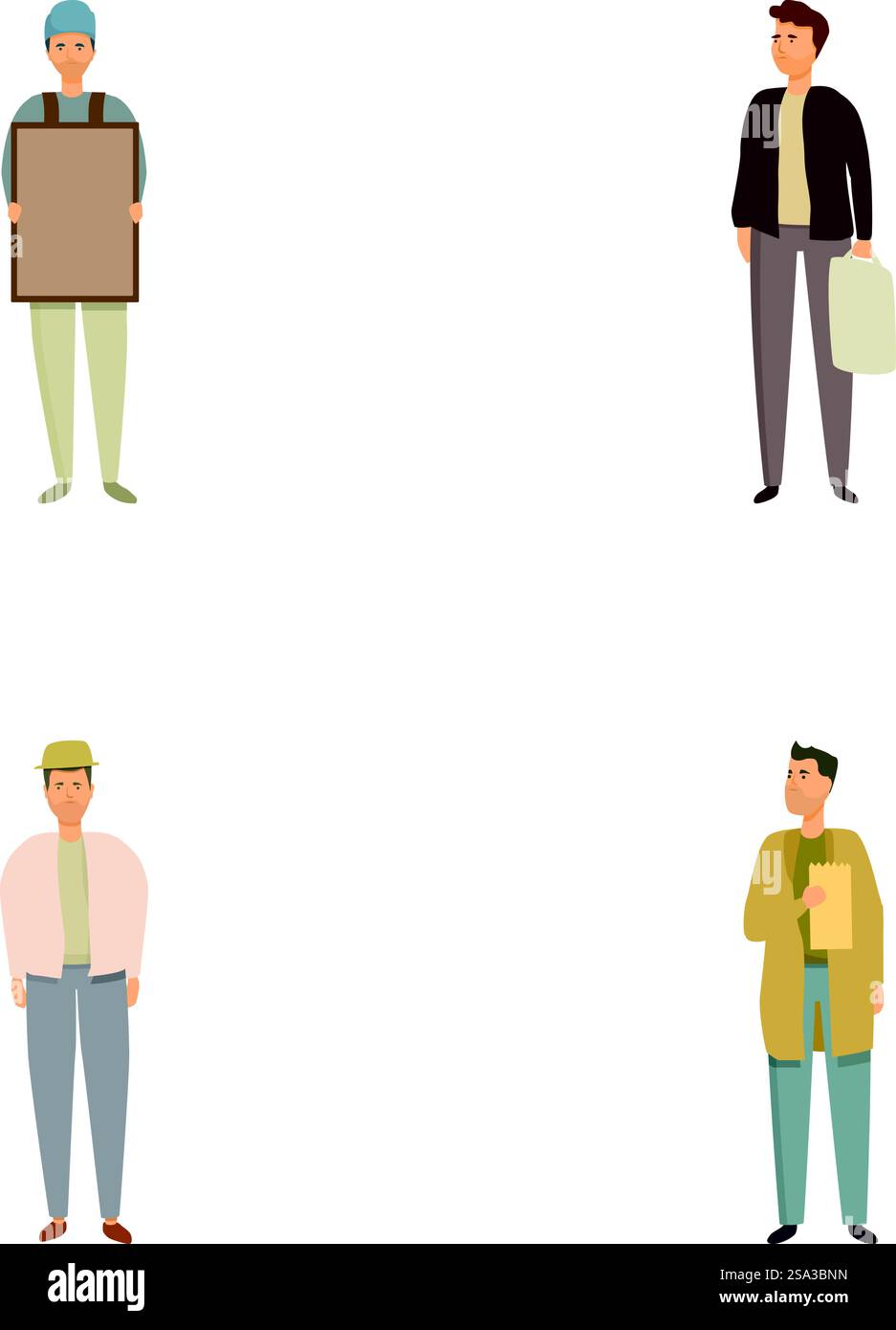 Quatre hommes de bande dessinée isolés montrant la variété dans la mode et les accessoires. Ensemble de divers hommes de dessin animé dans différentes tenues Illustration de Vecteur