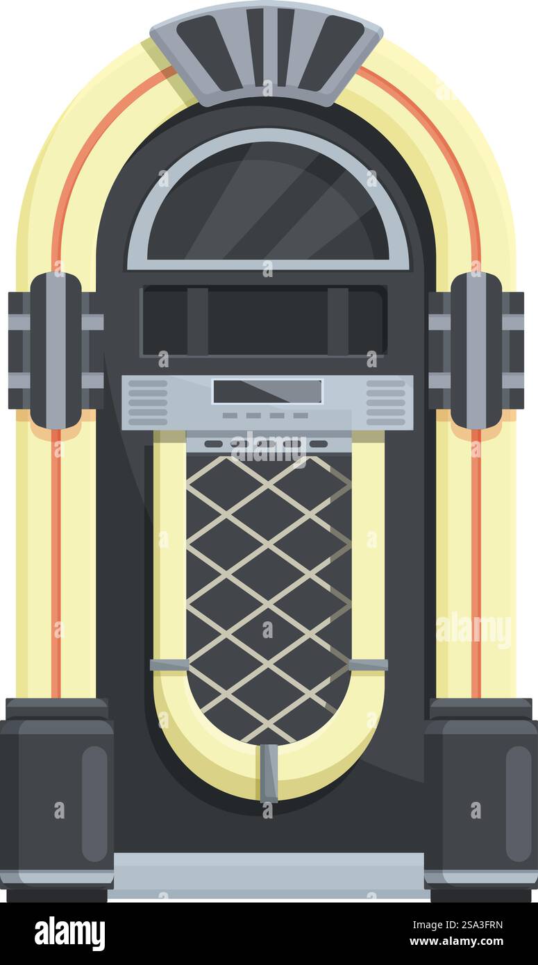 Illustration vectorielle de juke-box vintage détaillée avec de la musique rock and roll classique des années 1950. Design rétro. Motif coloré. Motif juke-box Retrostyle avec des accents jaunes vifs sur fond blanc Illustration de Vecteur