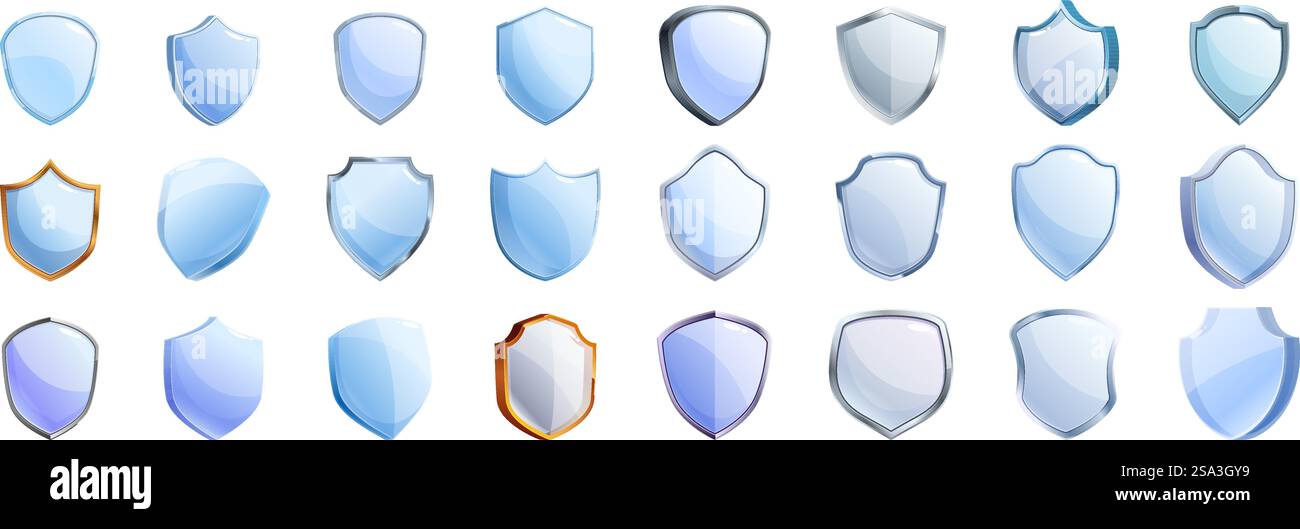 Vecteur de bouclier de protection de verre. Une collection de boucliers bleus et argentés. Les boucliers sont tous de tailles et de formes différentes. Certains sont grands et rectangulaires, tandis que d'autres sont petits et circulaires. Les boucliers sont disposés en rangée. Vecteur de bouclier de protection de verre. Une collection de boucliers bleus et argentés Illustration de Vecteur