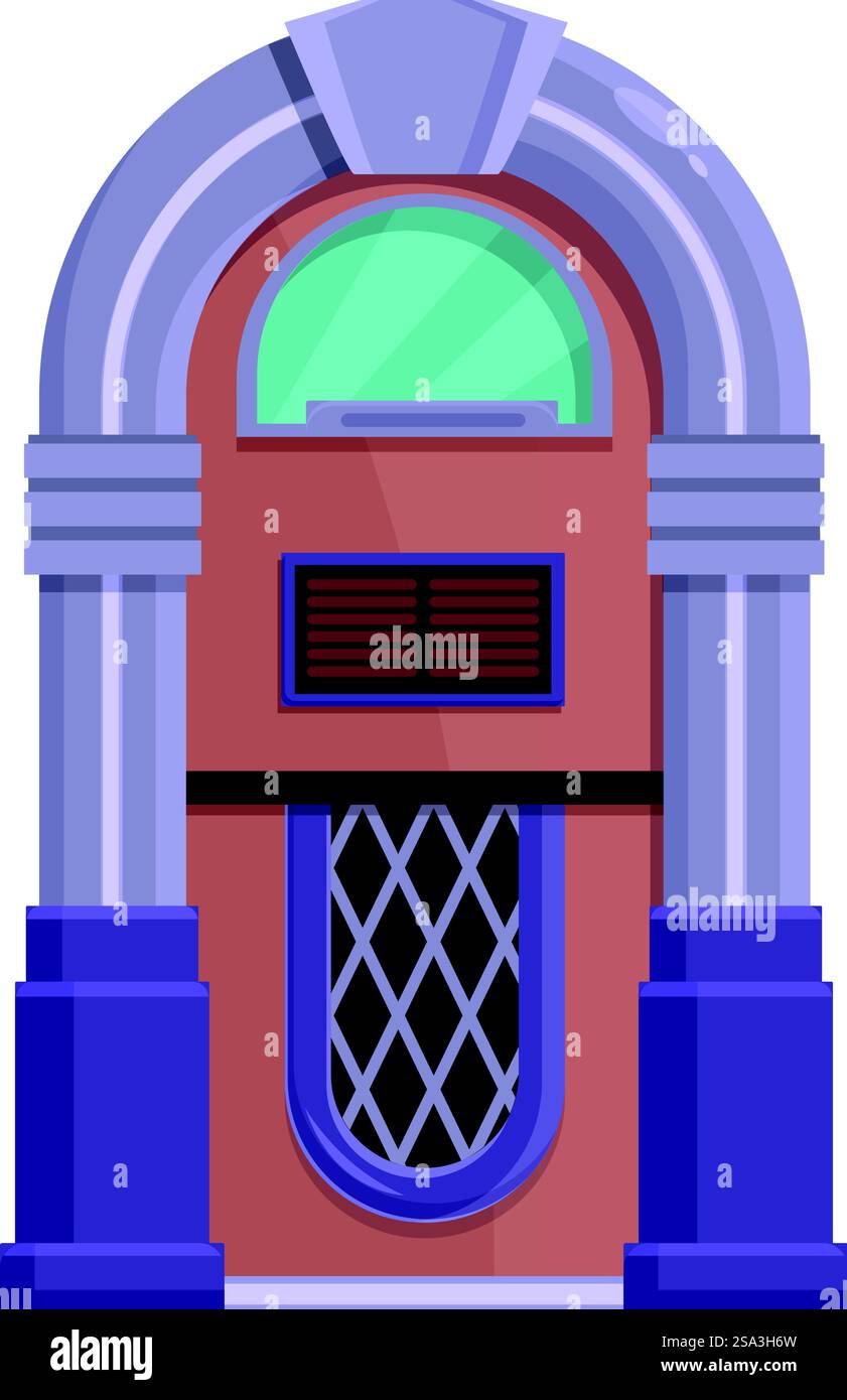 Illustration de dessin animé juke-box vintage nostalgique dans un style rétro avec un design coloré, mettant en vedette un lecteur de musique classique des années 1950. Illustration vectorielle colorée d'un juke-box rétrostyle, idéal pour la musique et les conceptions nostalgiathemed Illustration de Vecteur