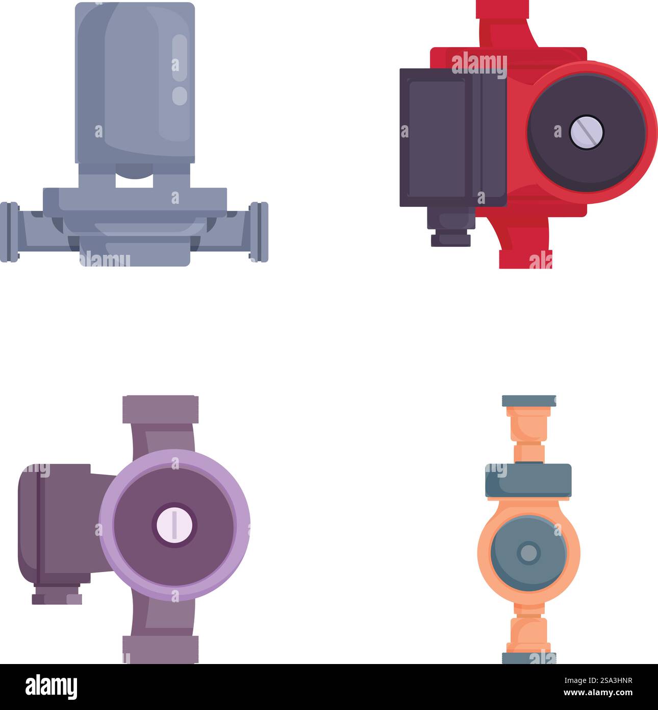Collection d'illustrations montrant divers tuyaux et vannes industriels colorés dans un style plat. Ensemble de quatre tuyaux et vannes industriels de dessin animé Illustration de Vecteur
