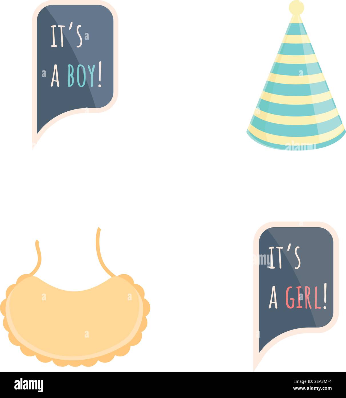 Ensemble illustratif d'icônes de révélation de genre, y compris chapeau de fête et bulles de discours d'annonce. Ensemble de vecteurs d'éléments de partie révélant le sexe Illustration de Vecteur