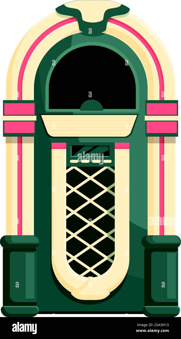 Illustration de juke-box vintage détaillée et colorée dans le style rétro des années 1950 pour les fêtes à thème nostalgiques et la décoration intérieure. Illustration colorée d'un juke-box rétro classique, parfait pour les thèmes nostalgiques et musicaux Illustration de Vecteur