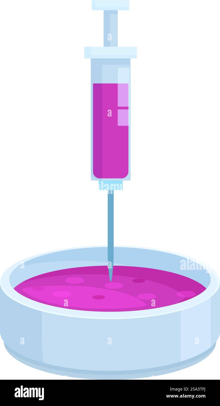 Illustration numérique d'une seringue prélevant du sang dans une boîte de Pétri, isolée sur un fond blanc. Seringue de dessin animé avec illustration d'échantillon de sang Illustration de Vecteur