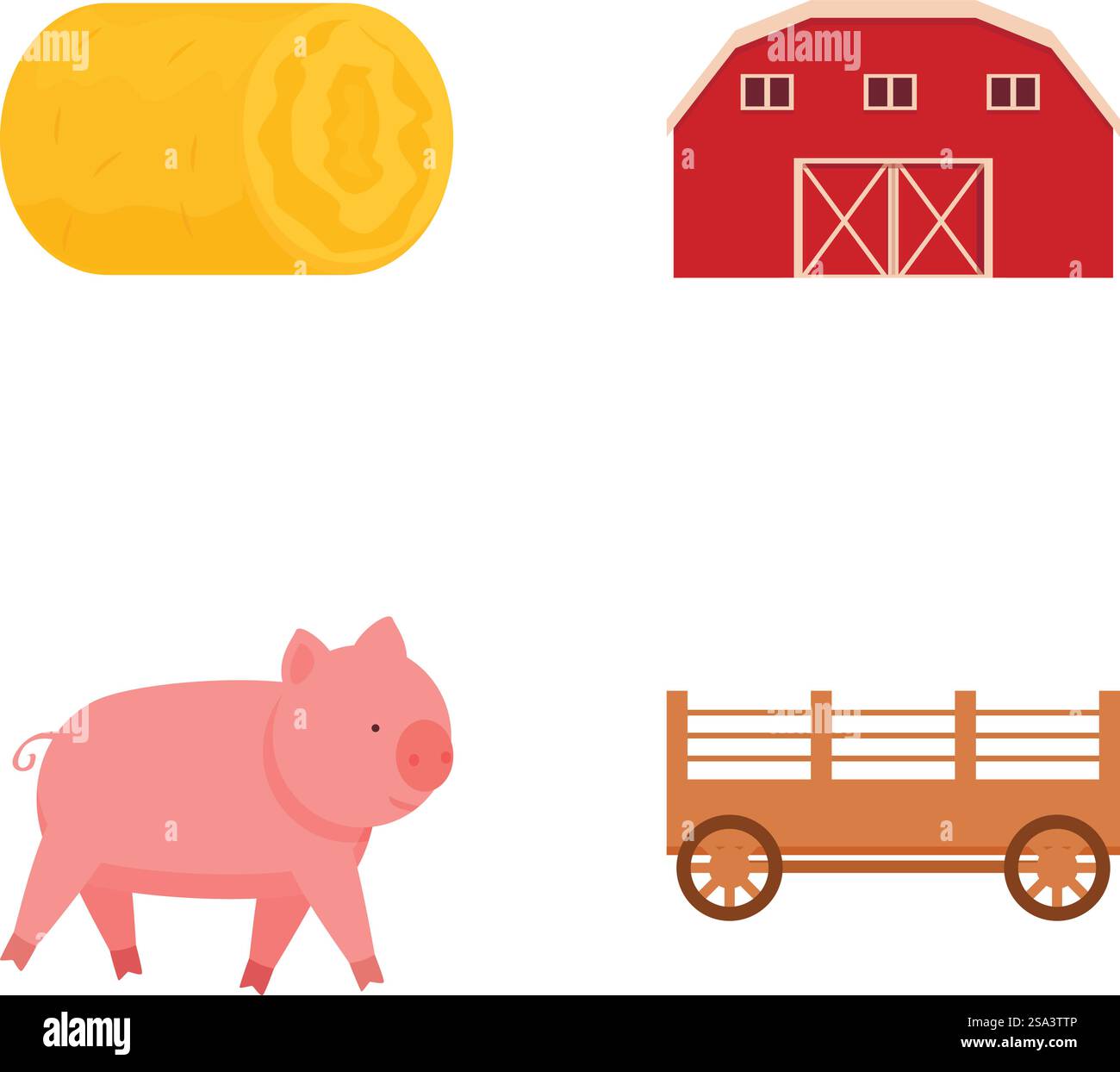 Ensemble détaillé d'illustration vectorielle d'éléments de ferme avec des balles de foin, grange, agriculture, porcs, wagons, animaux, bétail et équipement agricole dans une collection d'icônes de conception simple et plate. Collection d'illustrations vectorielles colorées représentant une balle de foin, une grange, un cochon et un wagon Illustration de Vecteur