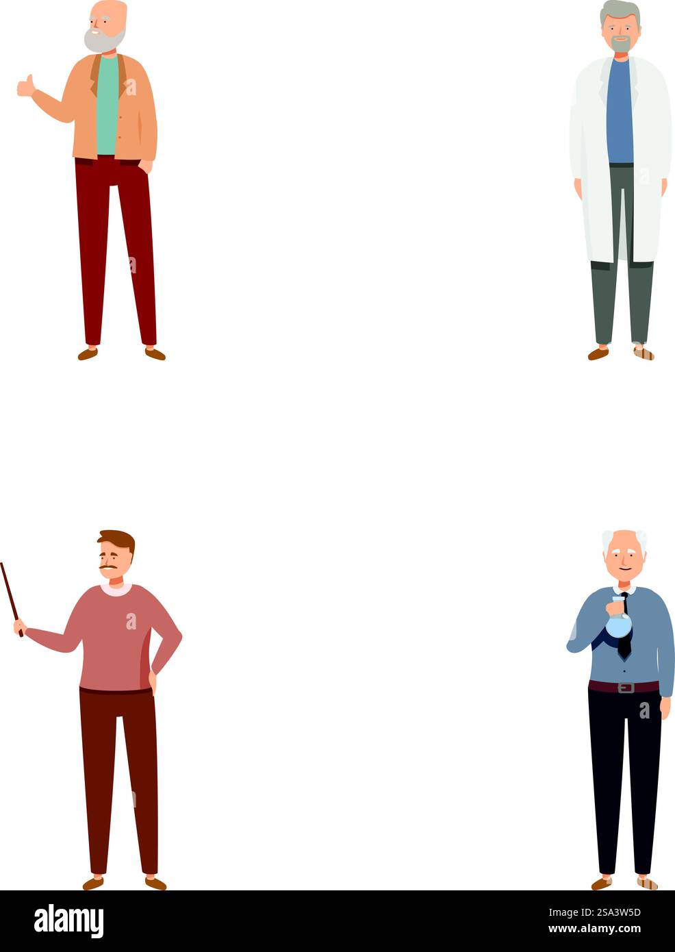 Illustration de quatre personnages masculins âgés dans différentes tenues et poses. Ensemble de divers personnages d'hommes âgés Illustration de Vecteur