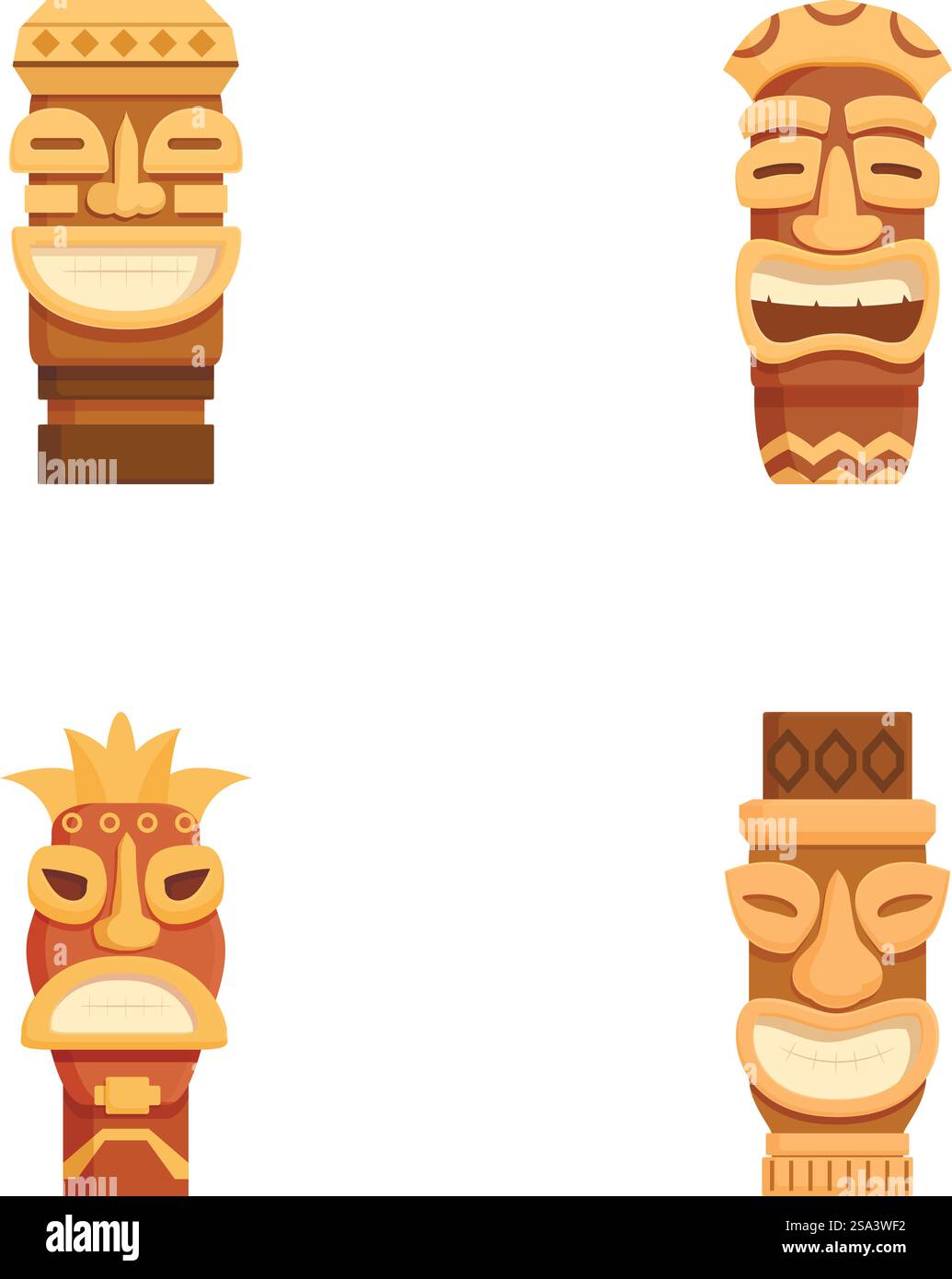Collection de quatre masques tiki vectoriels avec diverses expressions, isolés sur fond blanc. Ensemble de masques tiki de dessin animé Illustration de Vecteur