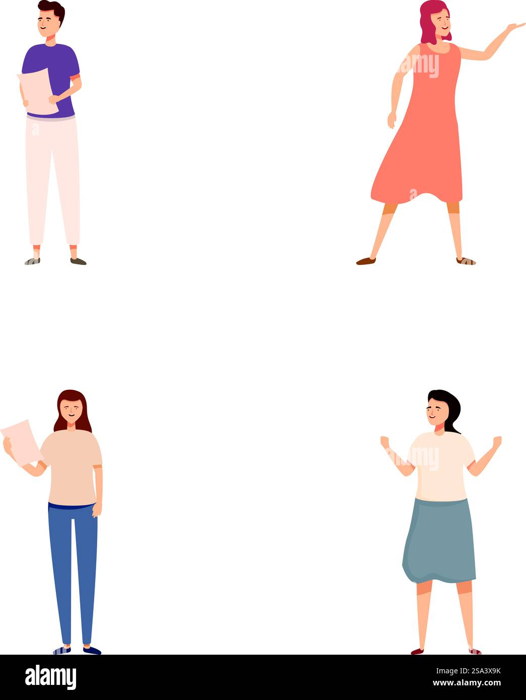 Collection de quatre personnages illustrés présentant différentes poses et émotions. Ensemble de personnes diverses dans diverses poses Illustration de Vecteur