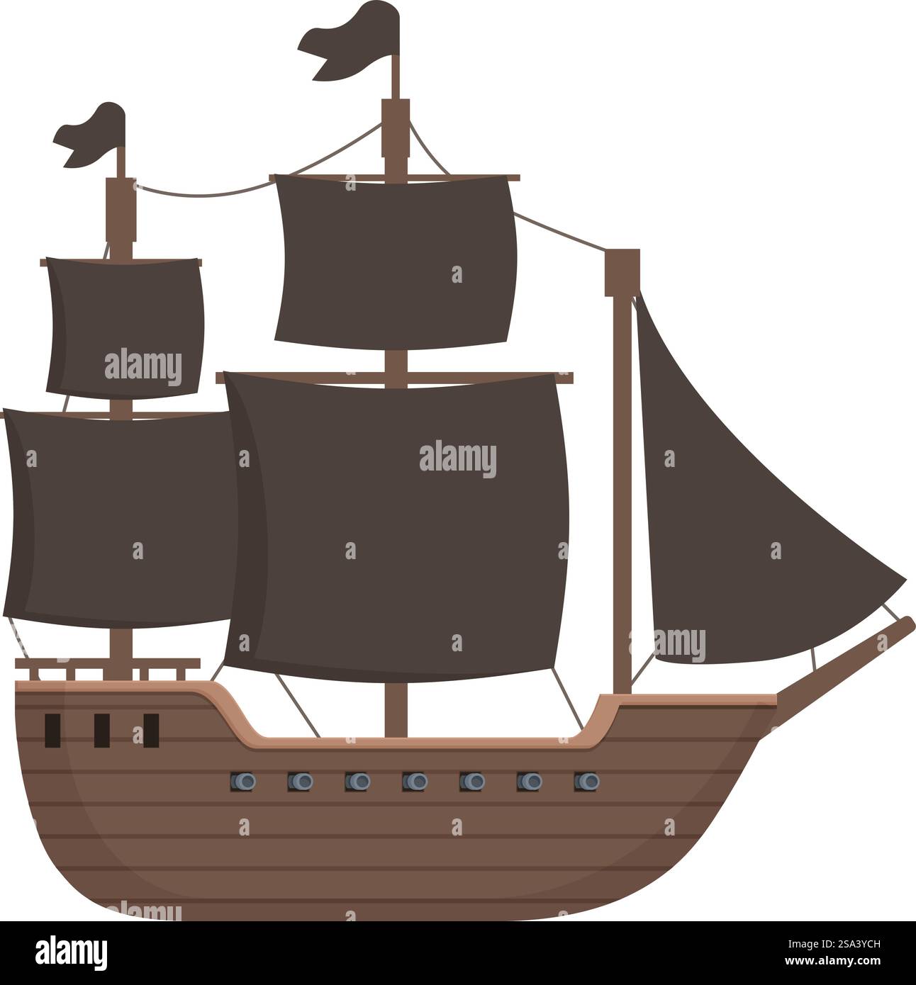 Illustration rétro vintage de bateau pirate en format vectoriel avec un mât en bois et conception de voilier brigantin, parfait pour les projets artistiques et graphiques à thème nautique et maritime. Illustration vectorielle détaillée d'un bateau pirate ancien avec des voiles et des drapeaux Illustration de Vecteur