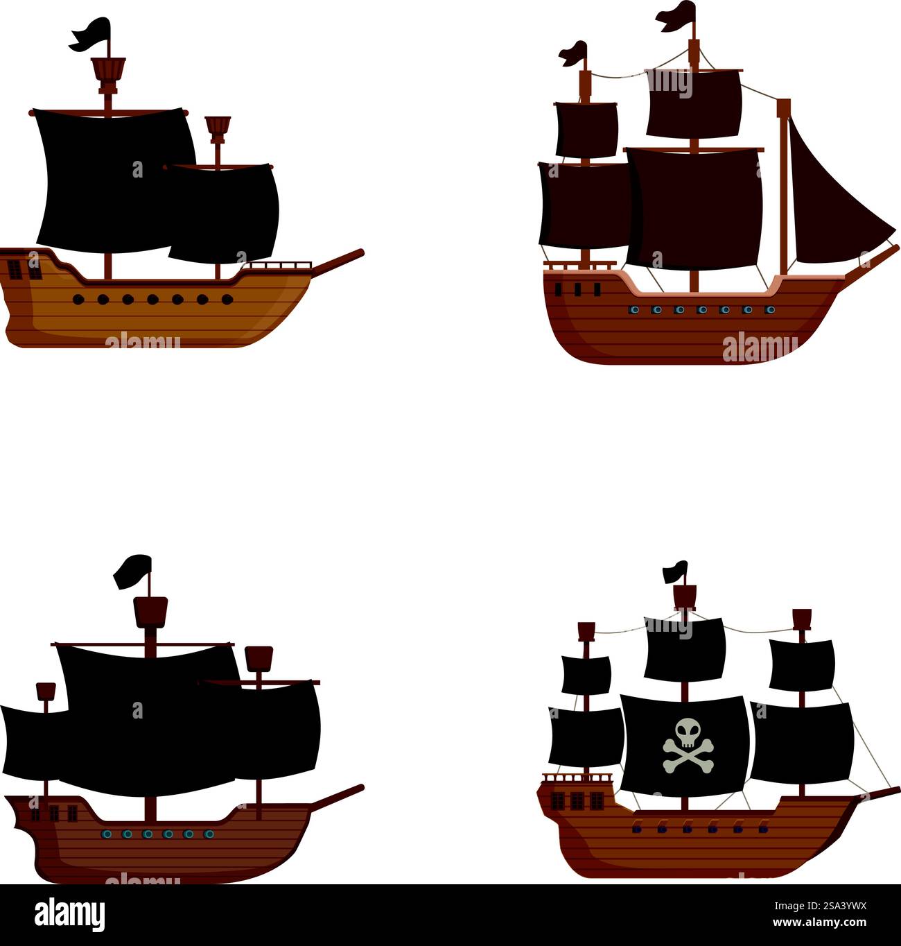 Collection de quatre navires pirates de style cartoonstyle, différents modèles, isolés pour une utilisation de conception. Ensemble de navires pirates de bande dessinée isolés sur fond blanc Illustration de Vecteur