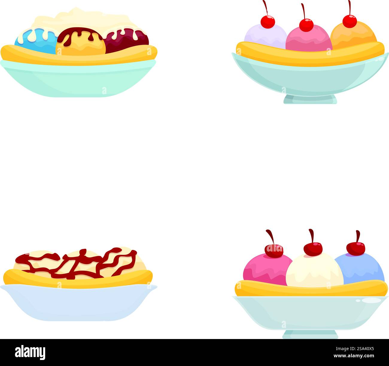 Collection d'illustrations de desserts assorties comprenant des friandises et des confiseries sucrées dans une variété de desserts délicieux, y compris de la crème glacée, des gâteaux, des pâtisseries, et plus encore. Ensemble de quatre illustrations présentant diverses friandises sucrées dans des bols, parfaites pour les menus ou le contenu alimentaire Illustration de Vecteur