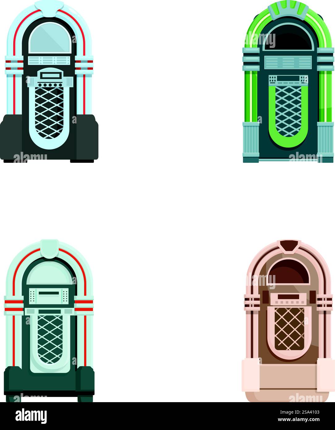 Ensemble de quatre machines de juke-box classiques dans différentes combinaisons de couleurs, isolées sur un fond blanc. Collection de juke-box vintage en différentes couleurs Illustration de Vecteur