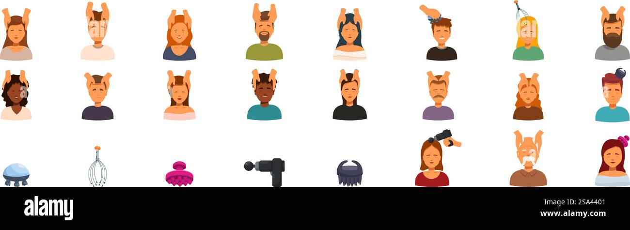 Les icônes de massage de la tête définissent le vecteur. Une collection de visages de dessins animés avec une variété d'expressions et de coiffures. Les visages sont disposés en rangée, certains semblant tristes, d'autres heureux et d'autres avec une expression surprise. Les icônes de massage de la tête définissent le vecteur. Une collection de visages de dessins animés avec une variété d'expressions et de coiffures Illustration de Vecteur