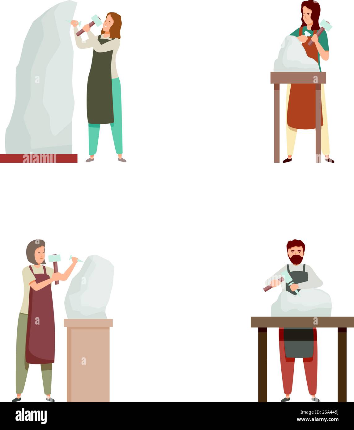 Ensemble d'illustrations montrant des artistes sculptant des figures de pierre. Collection artistes et sculpteurs au travail Illustration de Vecteur