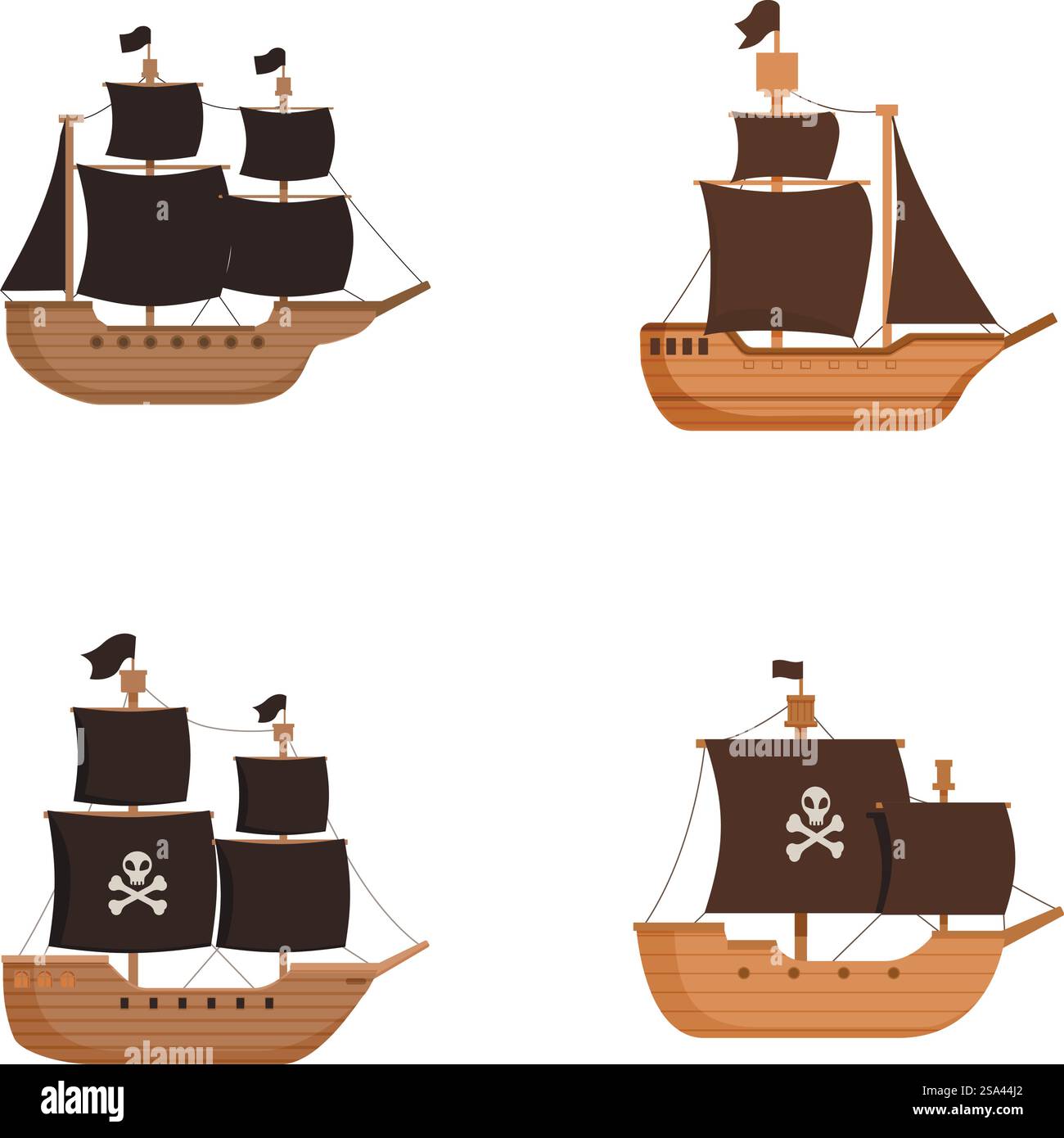 Collection de quatre bateaux pirates de dessins animés stylisés illustrant différentes voiles et drapeaux, avec un crâne et des os croisés. Ensemble de navires pirates de bande dessinée isolés sur blanc Illustration de Vecteur