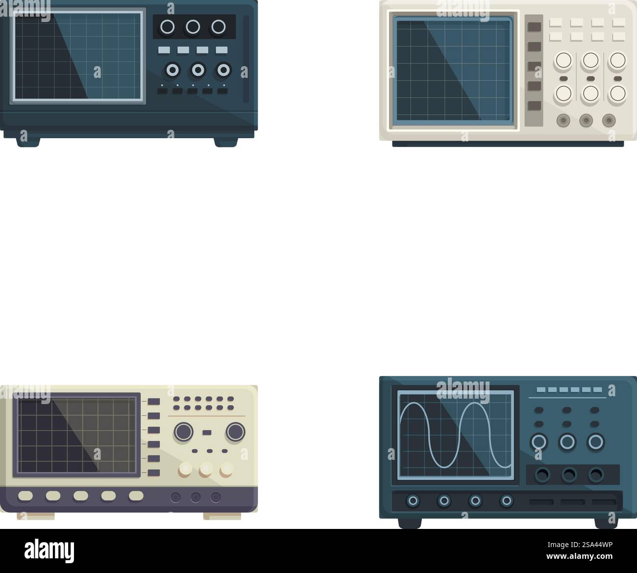 Quatre différents modèles d'oscilloscopes classiques isolés sur blanc, présentant des équipements électroniques vintage. Collection d'oscilloscopes vintage sur fond blanc Illustration de Vecteur