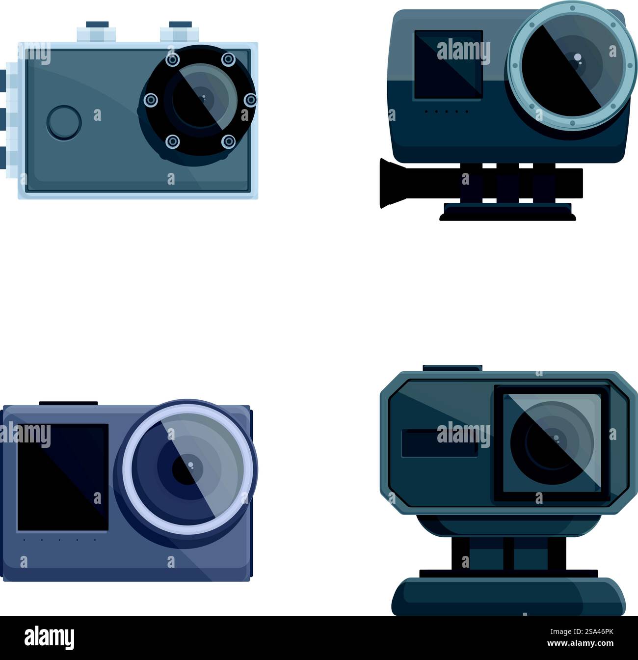 Illustration vectorielle de diverses caméras numériques et d'action, parfaites pour les projets multimédias. Ensemble d'appareils photo numériques modernes et de caméras d'action Illustration de Vecteur