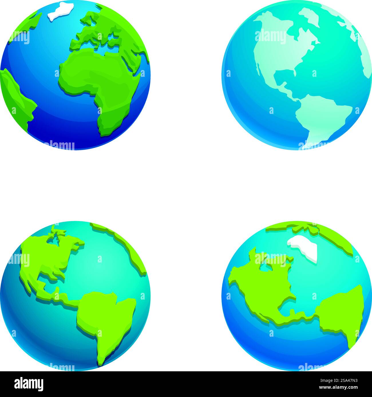 Collection d'illustrations vectorielles colorées représentant la terre sous diverses perspectives. Ensemble de quatre illustrations de globe avec des angles différents Illustration de Vecteur