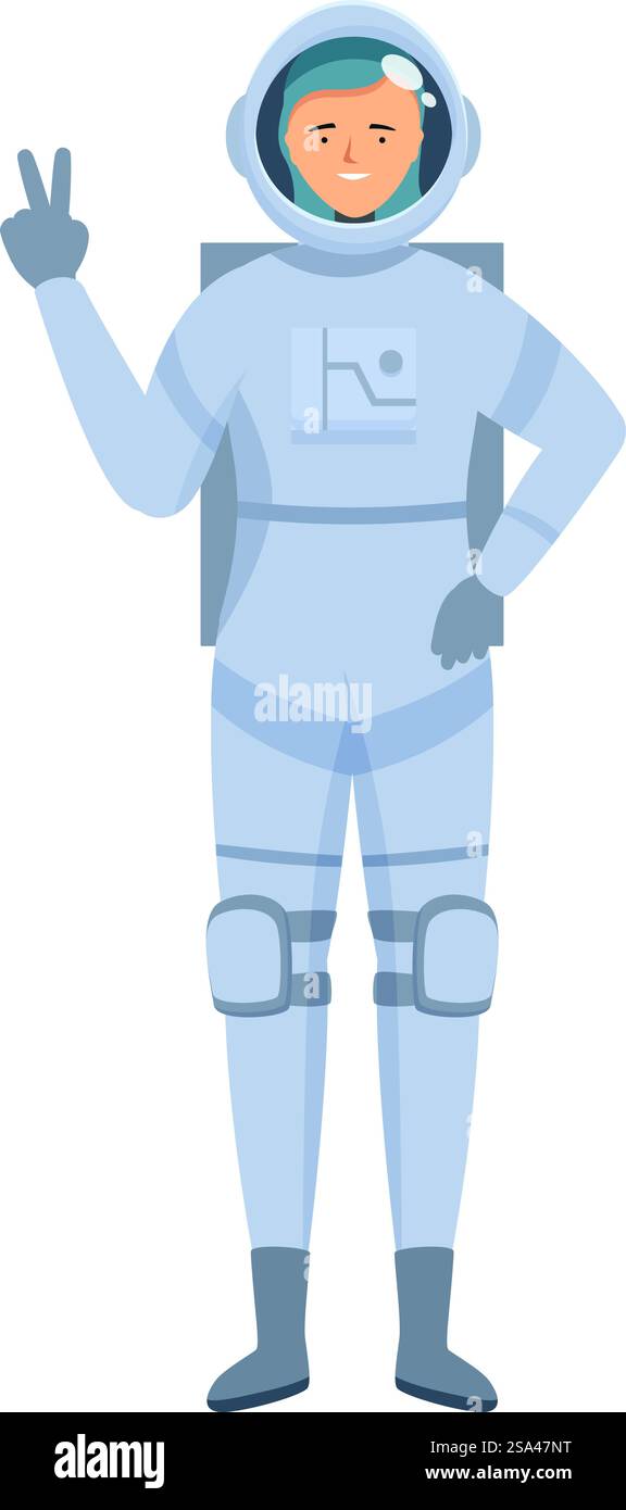 Astronaute souriant faisant signe de paix portant une combinaison spatiale avec casque. Astronaute fait le signe de la paix en souriant Illustration de Vecteur
