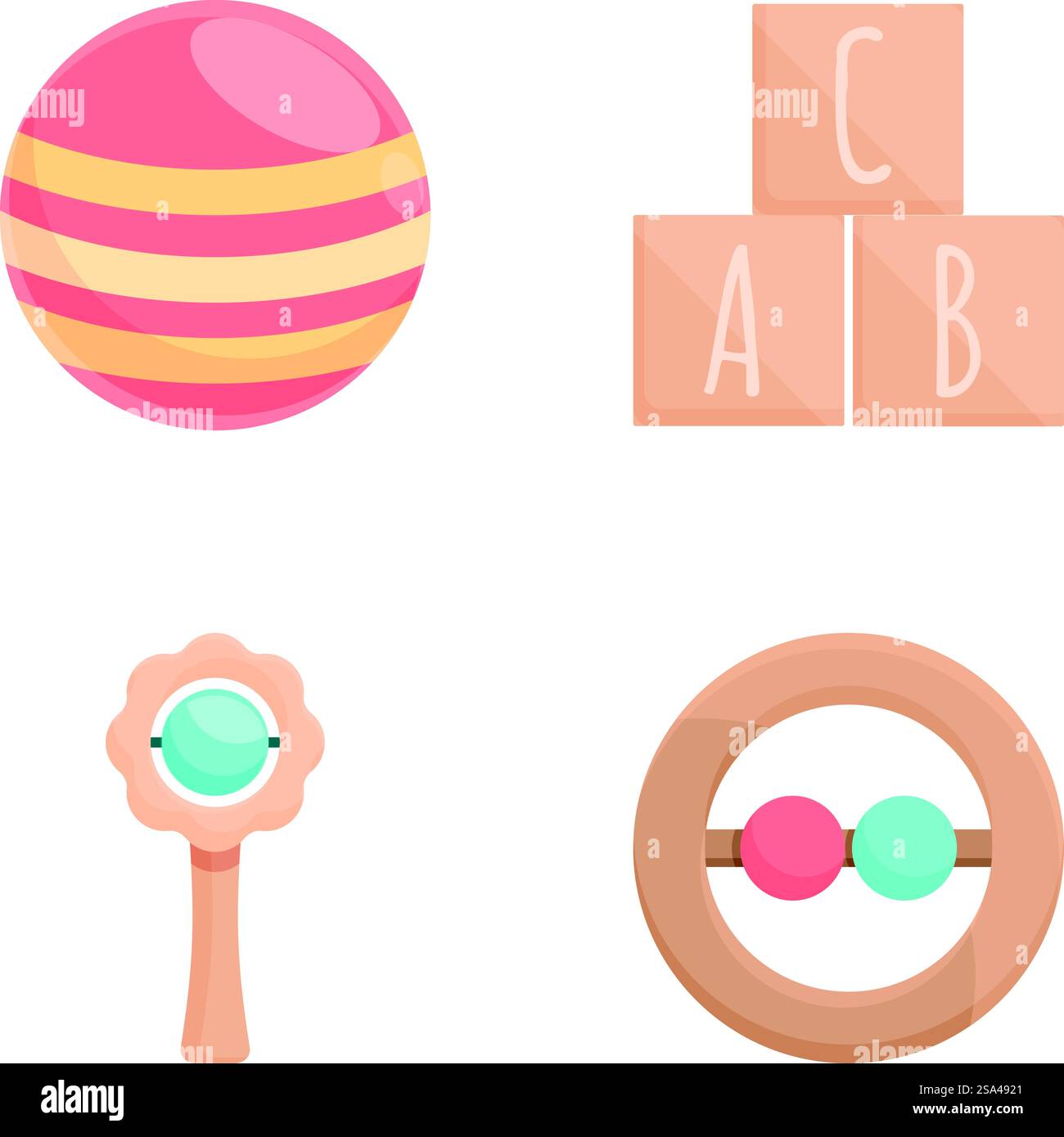 Ensemble de quatre jouets pour bébé de style dessin animé comprenant une balle, des blocs, un hochet et un boulier. Illustration colorée de collection de jouets pour bébé Illustration de Vecteur