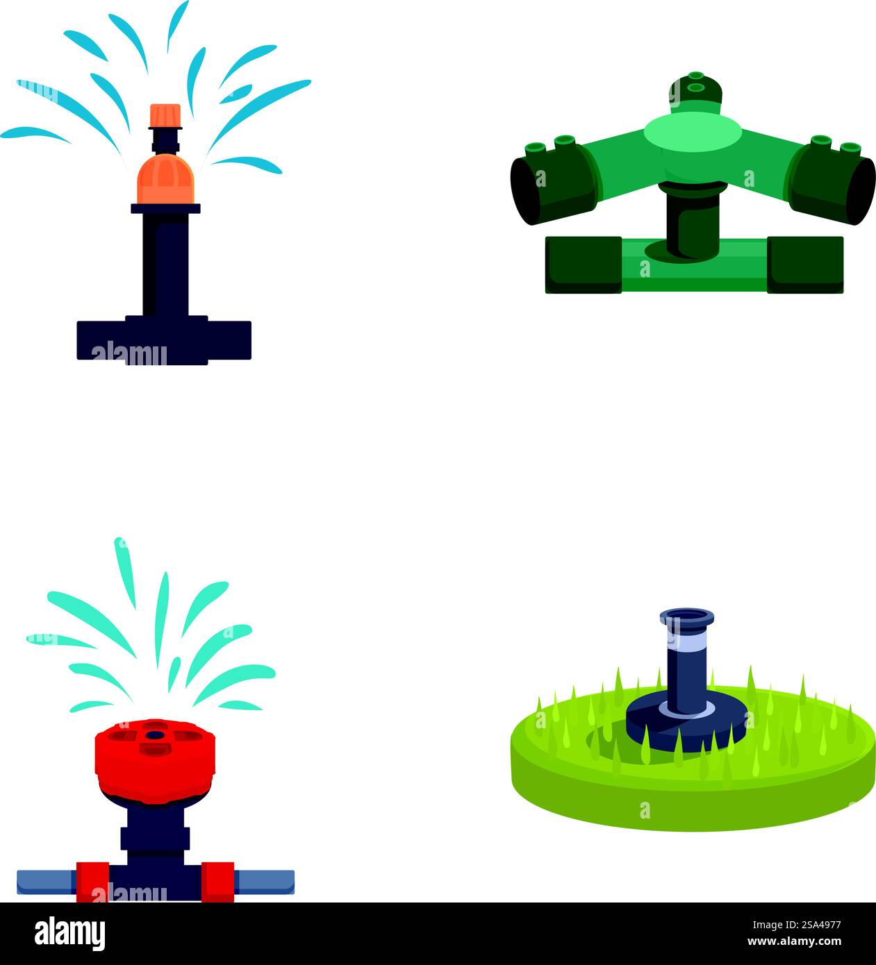 Collection d'icônes colorées d'arrosage de dessin animé pour l'irrigation de jardin et l'arrosage de pelouse. Ensemble d'arroseurs de bande dessinée pour l'irrigation et l'arrosage Illustration de Vecteur