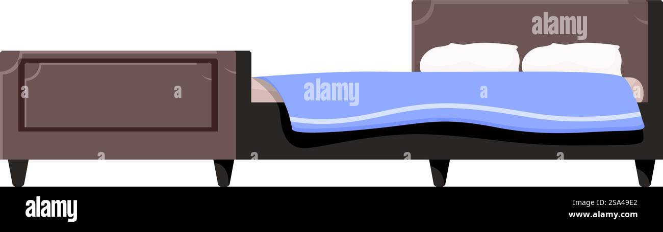 Grand lit double avec cadre en bois, draps bleus et deux oreillers attend son propriétaire. Grand lit double avec cadre en bois et draps bleus est debout dans la pièce vide Illustration de Vecteur