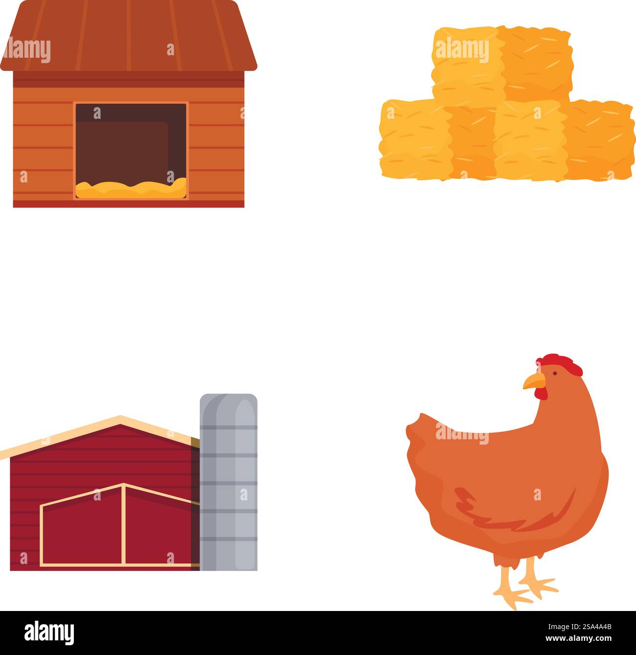 Une collection d'illustrations vectorielles liées à l'agriculture, y compris un poulet, une grange, un poulailler et du foin. Ensemble de vecteur d'éléments de ferme, poulailler, balles de foin, grange, poulet Illustration de Vecteur