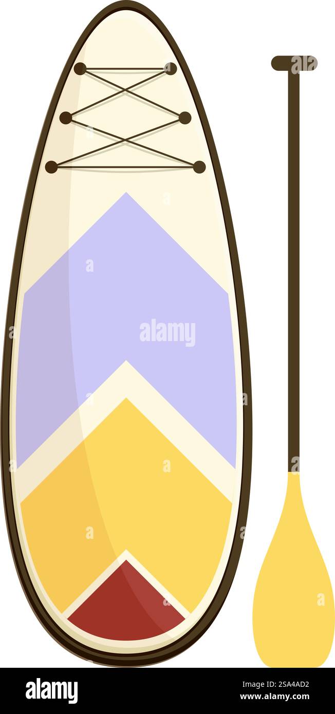 Planche de paddle colorée pour sup surf avec paddle restant debout en équilibre sur l'eau pour vacances d'été amusant illustration sportive. Planche de pagaie avec un design coloré et une pagaie sont montrées Illustration de Vecteur