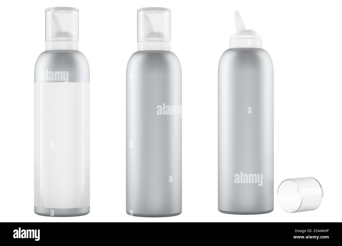 Flacons pulvérisateurs avec de l'eau de mer salée pour l'hygiène des fosses nasales, flacons pulvérisateurs nasaux pour le nettoyage. Rendu 3D isolé sur fond blanc Banque D'Images