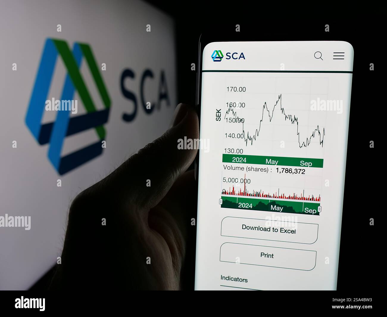 Allemagne. 30 octobre 2024. Dans cette illustration photo, une personne tient un téléphone portable avec la page web de la société suédoise Svenska Cellulosa AB (SCA) sur l'écran devant le logo. (Crédit image : © timon Schneider/SOPA images via ZUMA Press Wire) USAGE ÉDITORIAL SEULEMENT ! Non destiné à UN USAGE commercial ! Banque D'Images