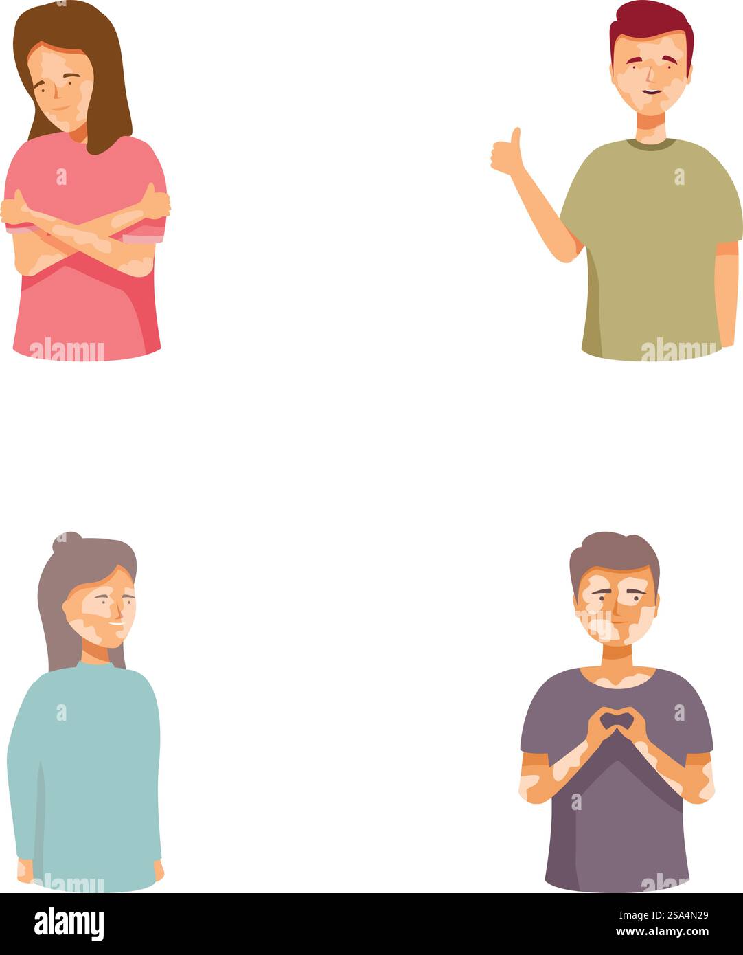 Illustration de quatre jeunes adultes affichant des émotions différentes, adaptées à divers besoins de conception. Ensemble de jeunes avec des émotions diverses Illustration de Vecteur