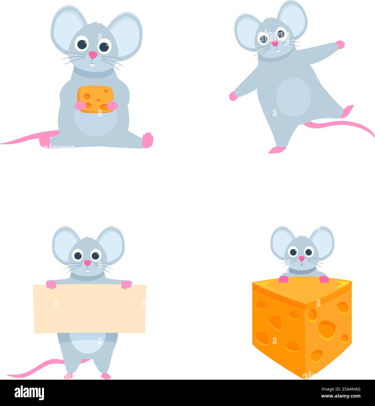 Adorable collection de jolies illustrations de souris de dessin animé avec des poses ludiques et des expressions drôles. Mettant en vedette de charmants rongeurs avec des moustaches. Oreilles. Et queues. Ensemble de quatre souris de dessin animé adorables dans diverses poses sur un fond blanc Illustration de Vecteur