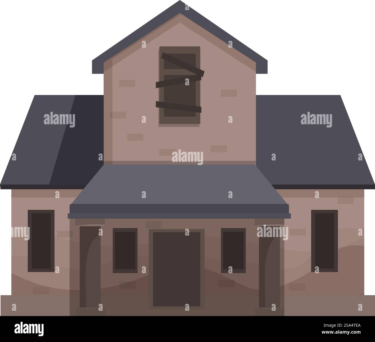 Une maison abandonnée de deux étages avec des fenêtres arborées tombe en ruine. Une maison abandonnée avec des fenêtres arborées tombe en ruine Illustration de Vecteur