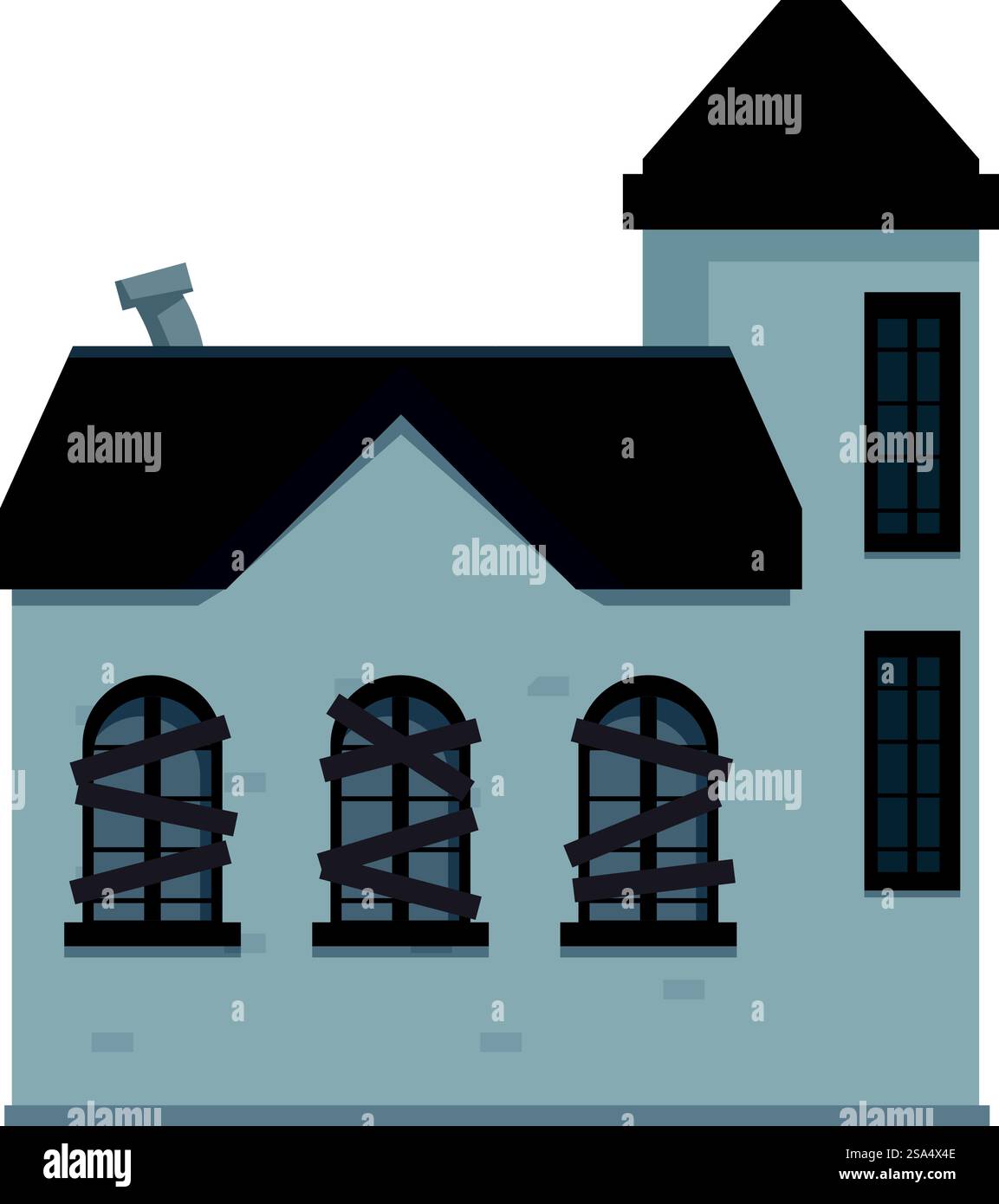 Maison abandonnée grise avec fenêtres arborées, une tour et une cheminée. Vieille maison abandonnée avec des fenêtres en bois et une tour Illustration de Vecteur
