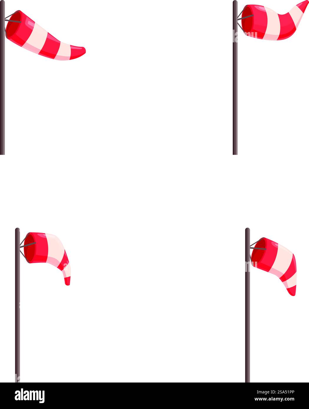 Ensemble de quatre chaussettes rouges et blanches montrant différentes directions et vitesses du vent sur un fond clair. Chaussettes à vent indiquant la direction et la vitesse du vent Illustration de Vecteur