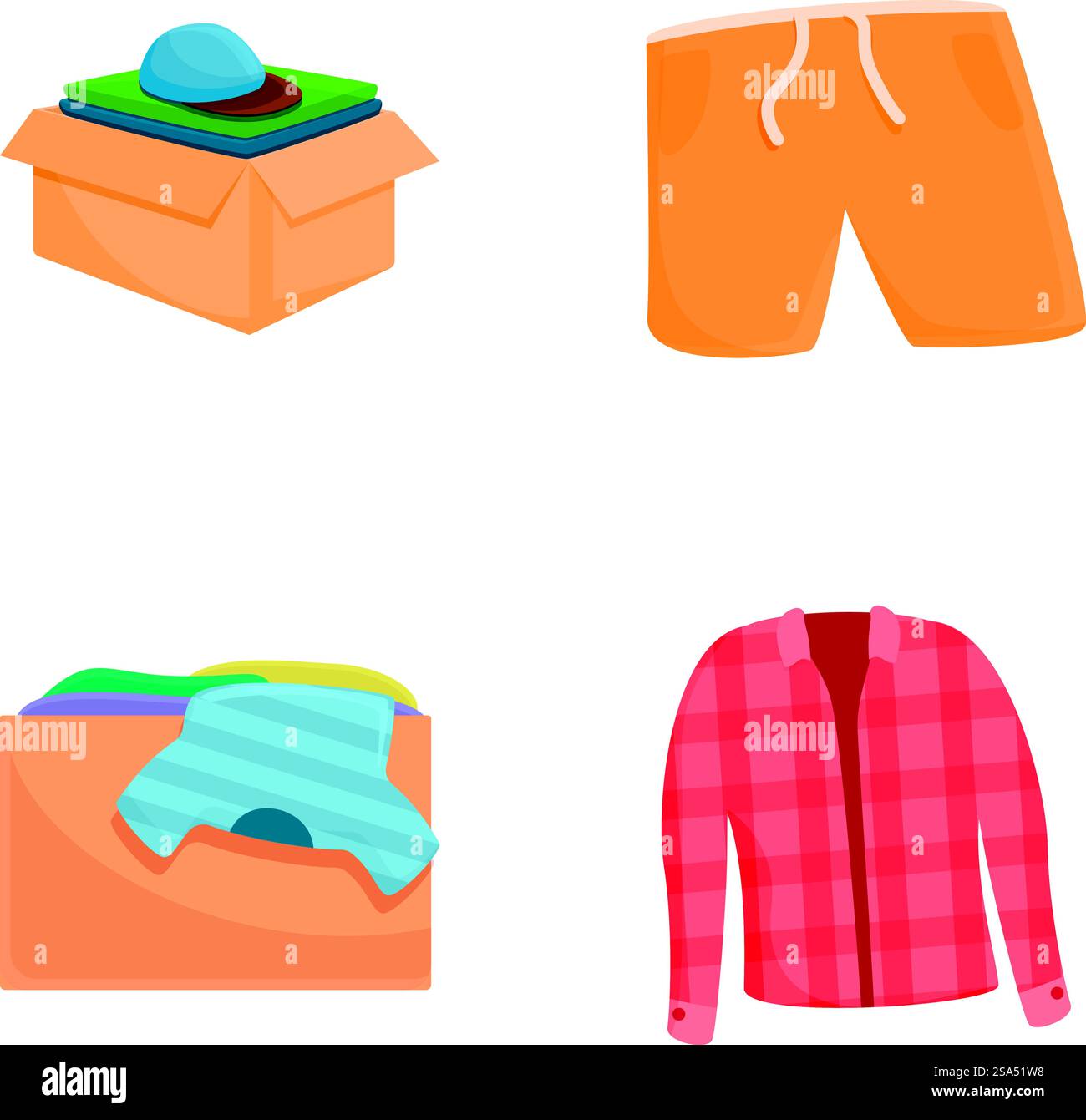 Les icônes de don de vêtements définissent le vecteur de dessin animé. Boîte en carton pleine de diverses choses. Bénévolat et charité. Les icônes de don de vêtements définissent le vecteur de dessin animé. Boîte en carton pleine de diverses choses Illustration de Vecteur