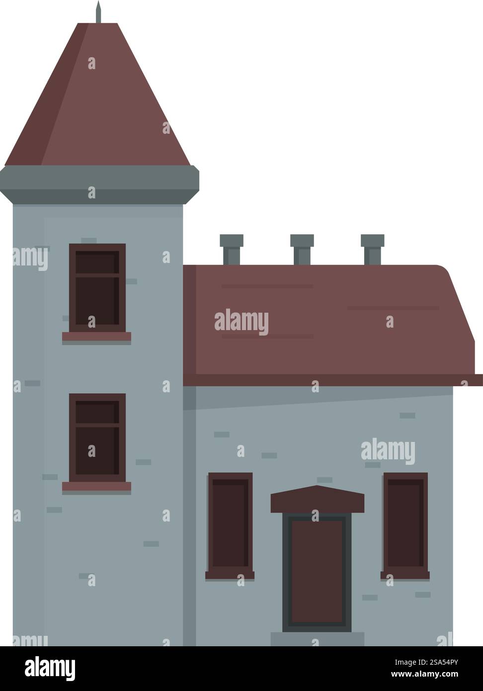 Maison en pierre de style médiéval avec une tour et un toit rouge est debout sur un fond blanc. Maison en pierre de style médiéval avec tour et toit rouge isolé sur fond blanc Illustration de Vecteur