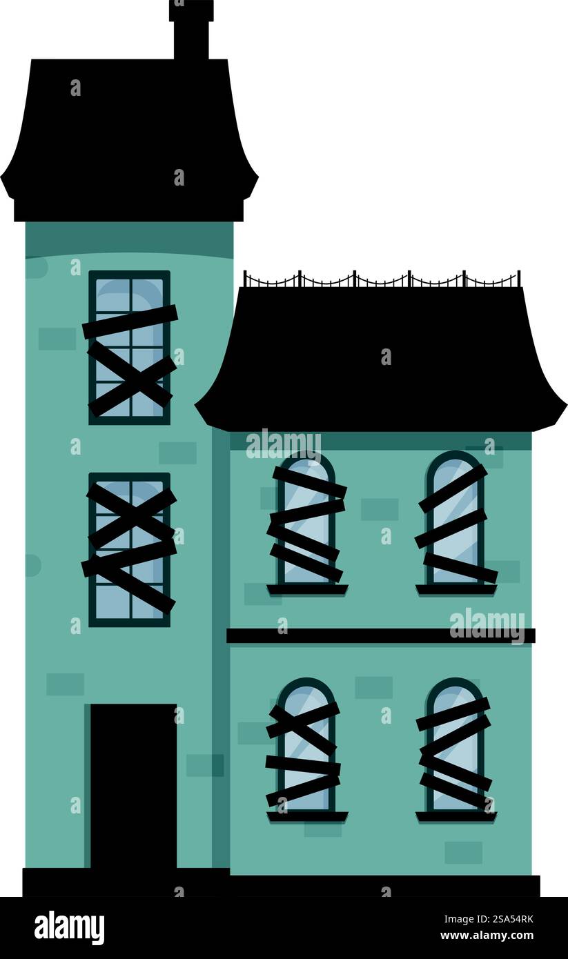 Maison abandonnée avec fenêtres et barbelés semble effrayante et effrayante. La maison hantée effrayante avec des fenêtres arborées est parfaite pour les projets d'halloween Illustration de Vecteur
