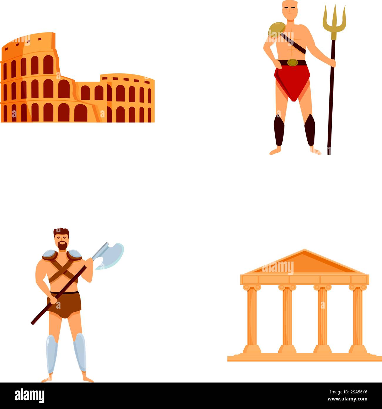 Icônes romaines d'amphithéâtre définissent le vecteur de dessin animé. Caractère historique et point de repère. rome antique. Icônes romaines d'amphithéâtre définissent le vecteur de dessin animé. Caractère historique et point de repère Illustration de Vecteur