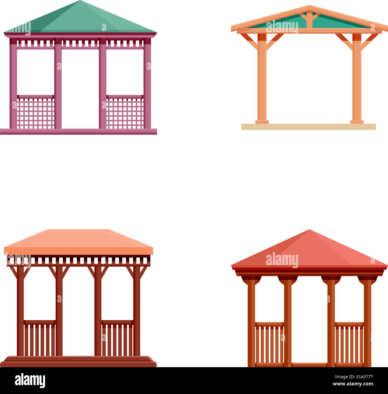 Collection de quatre illustrations vectorielles isolées de pavillons de jardin en bois de style dessin animé. Ensemble de quatre gazebos de jardin de dessins animés Illustration de Vecteur