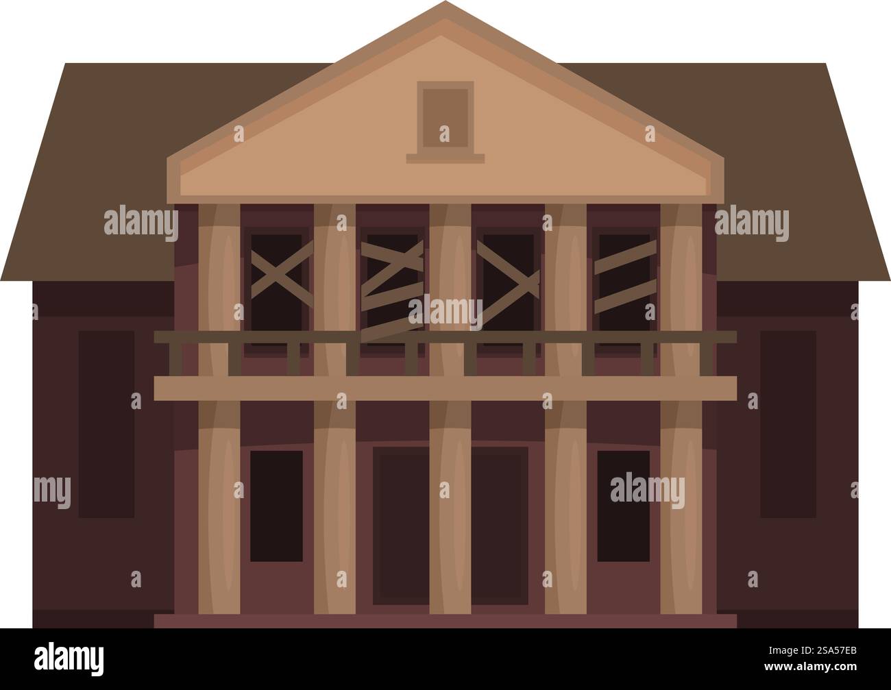Bâtiment abandonné, apparemment de l'époque néoclassique, tombe en délabrement. Bâtiment néoclassique abandonné avec fenêtres et portes arborées Illustration de Vecteur